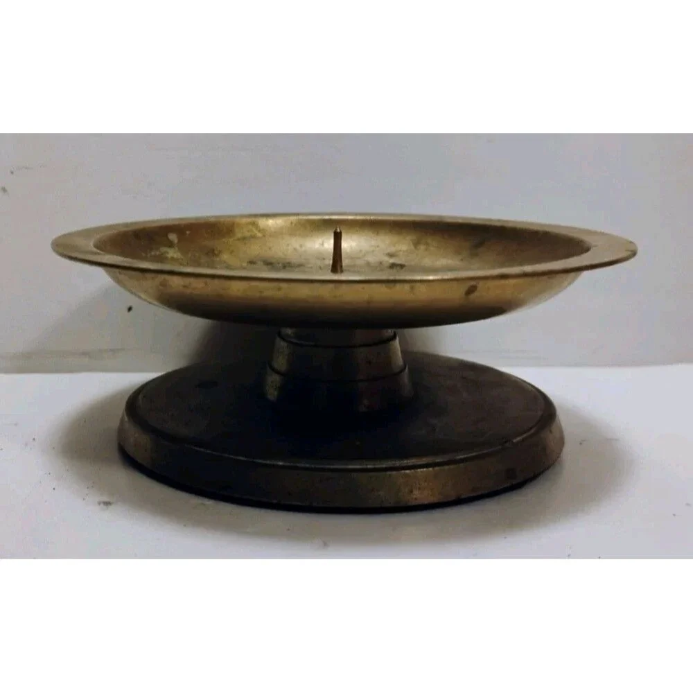 Vtg Heavy Solid Brass Pricket Candle Holder Low Profile Saucer Pillar Stand 2
